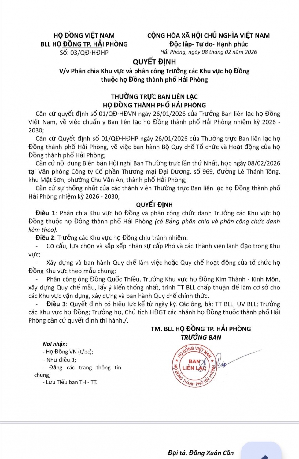 BLL họ Đồng TP. Hải Phòng ra quyết định phân chia khu vực và phân công Trưởng các Khu vực họ Đồng trực thuộc, nhiệm kỳ 2026–2030