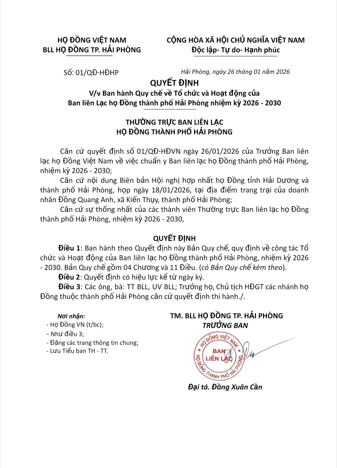Ban hành Quy chế Tổ chức và Hoạt động của BLL họ Đồng TP. Hải Phòng, nhiệm kỳ 2026–2030